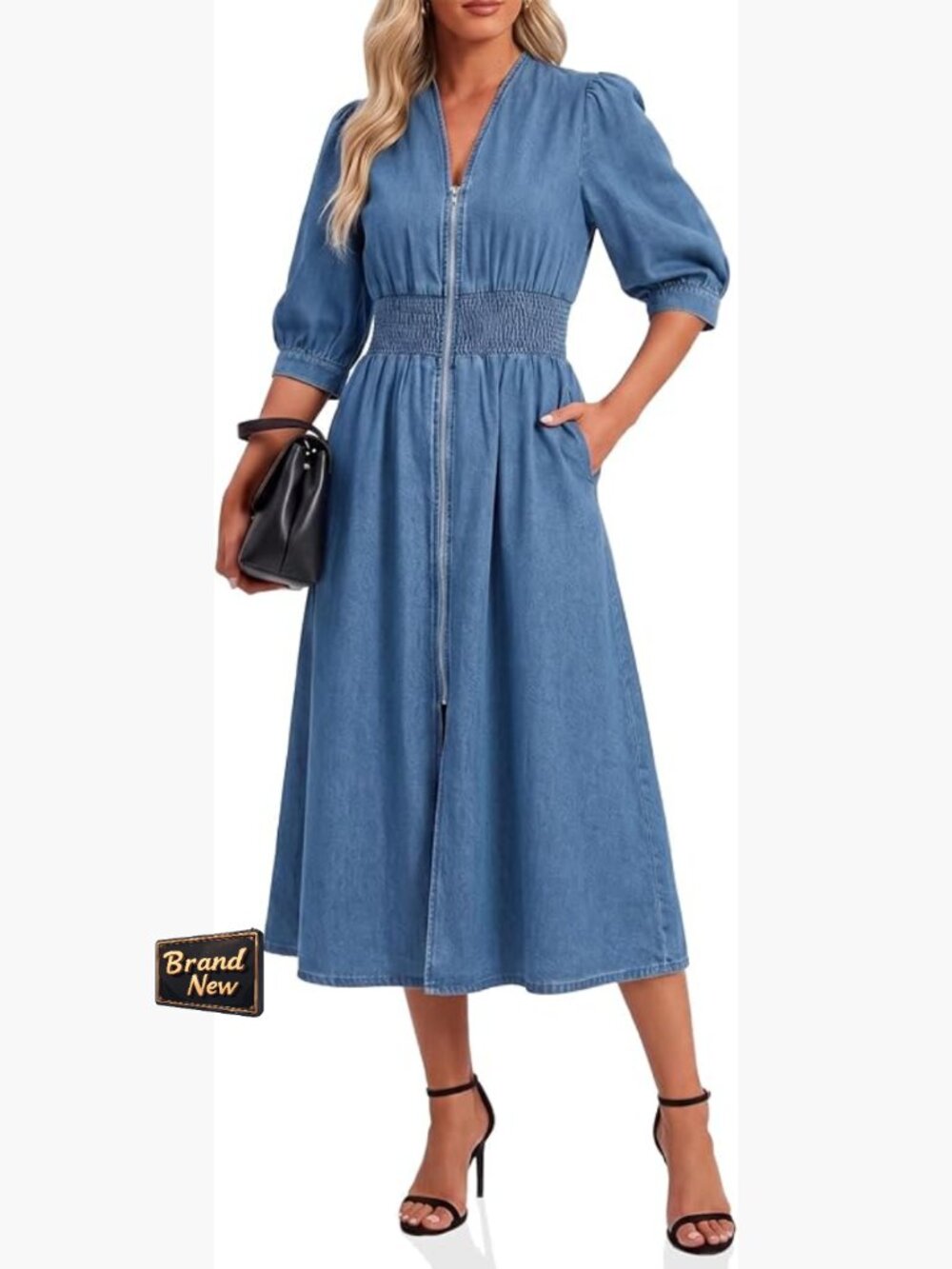 Women's Midi Jean Dress, V-Neck Puff Sleeve, Smocked Waist, Side Pockets, Zip